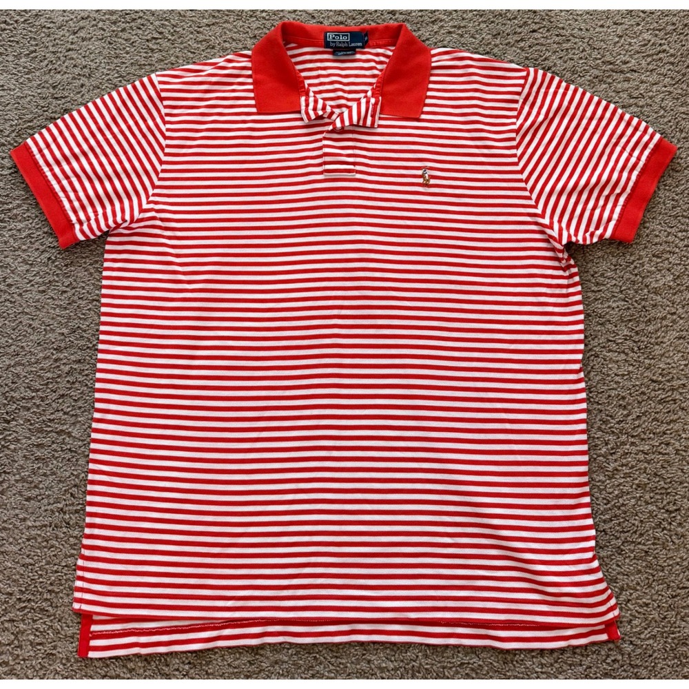 Polo Ralph Lauren Mens XL Pima Cotton Striped Polo Shirt Red White Short Sleeve